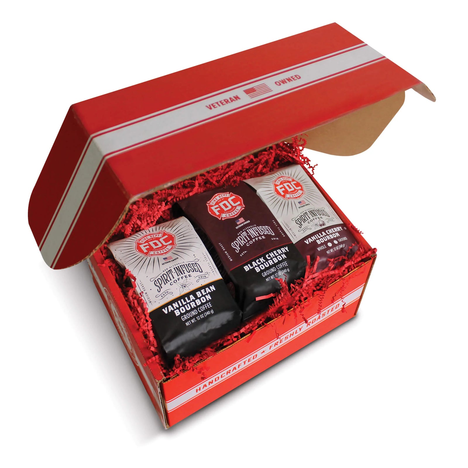 Bourbon gift bundle includes three distinct bourbon coffee varieties