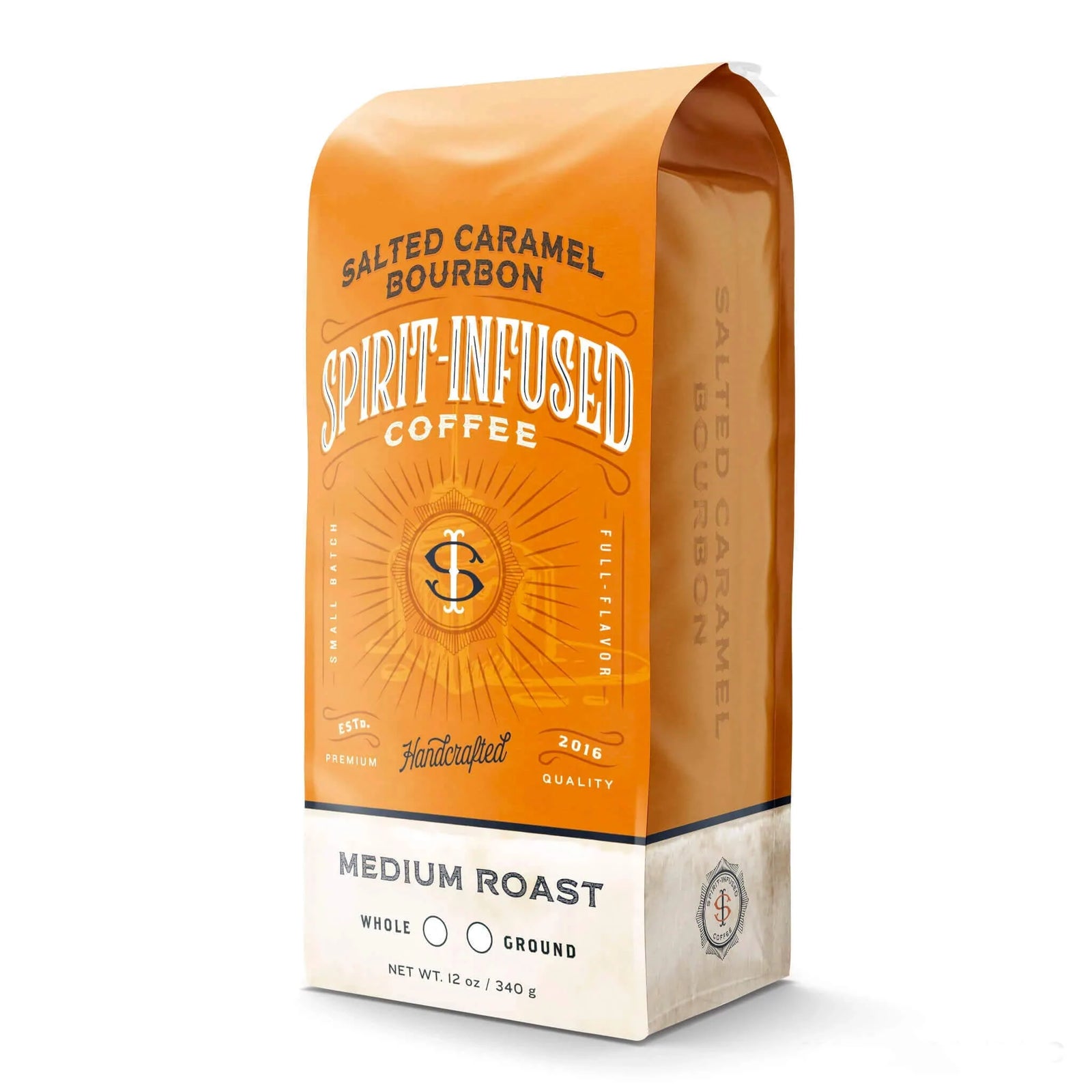 Fire Dept. Coffee's 12 ounce Salted Caramel Bourbon Infused Coffee in a rectangular package.