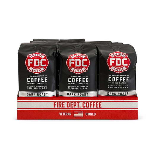 front view of twelve 12 oz bags of Dark Roast in open display box