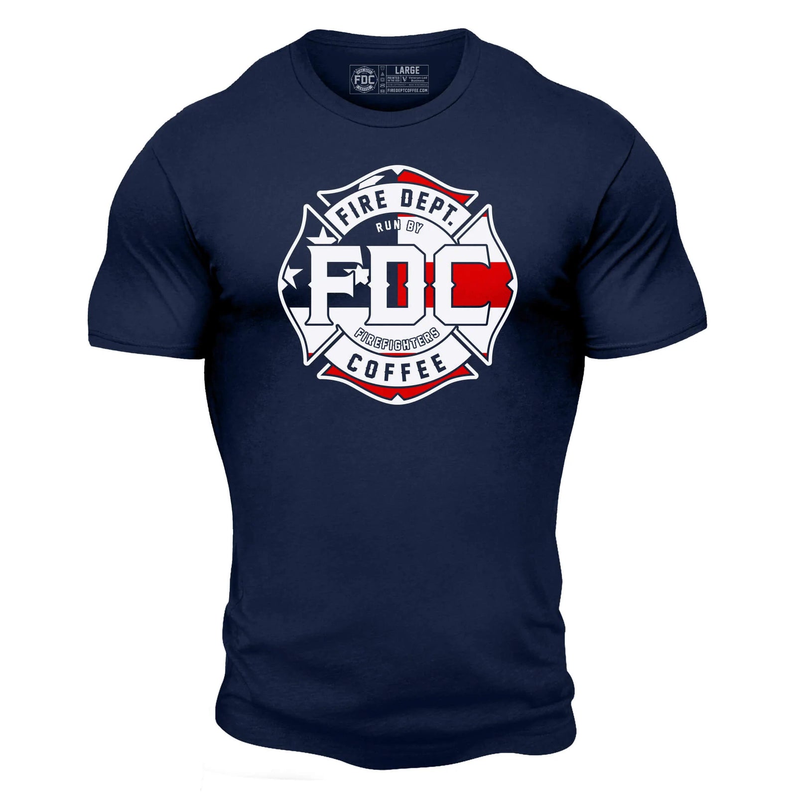 Navy t shirt with a large FDC maltese cross logo over an American flag background on chest.