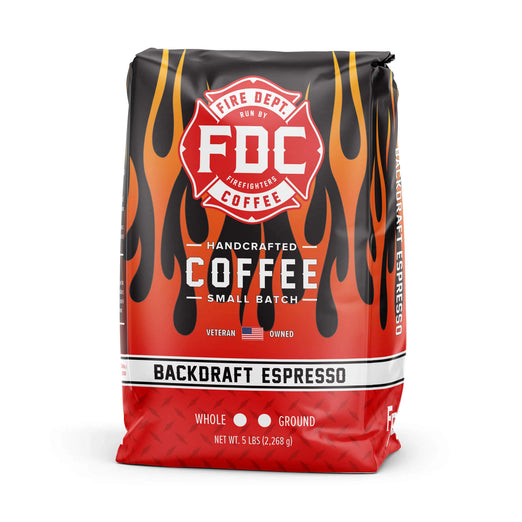 A five pound package of Fire Dept. Coffee’s Backdraft Espresso Coffee. 