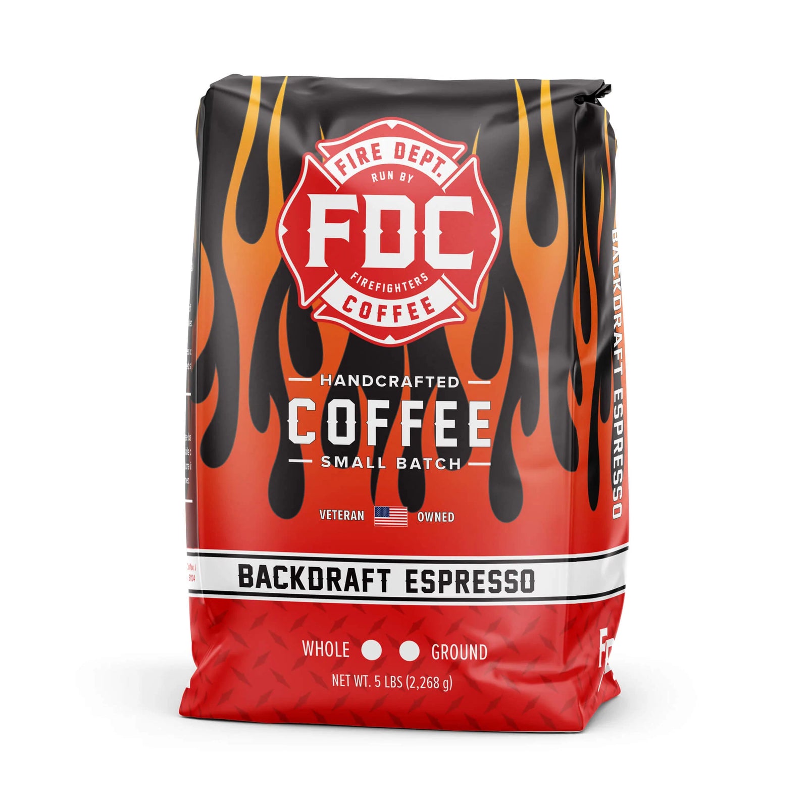 A five pound package of Fire Dept. Coffee's Backdraft Espresso Wholesale Coffee Roast.
