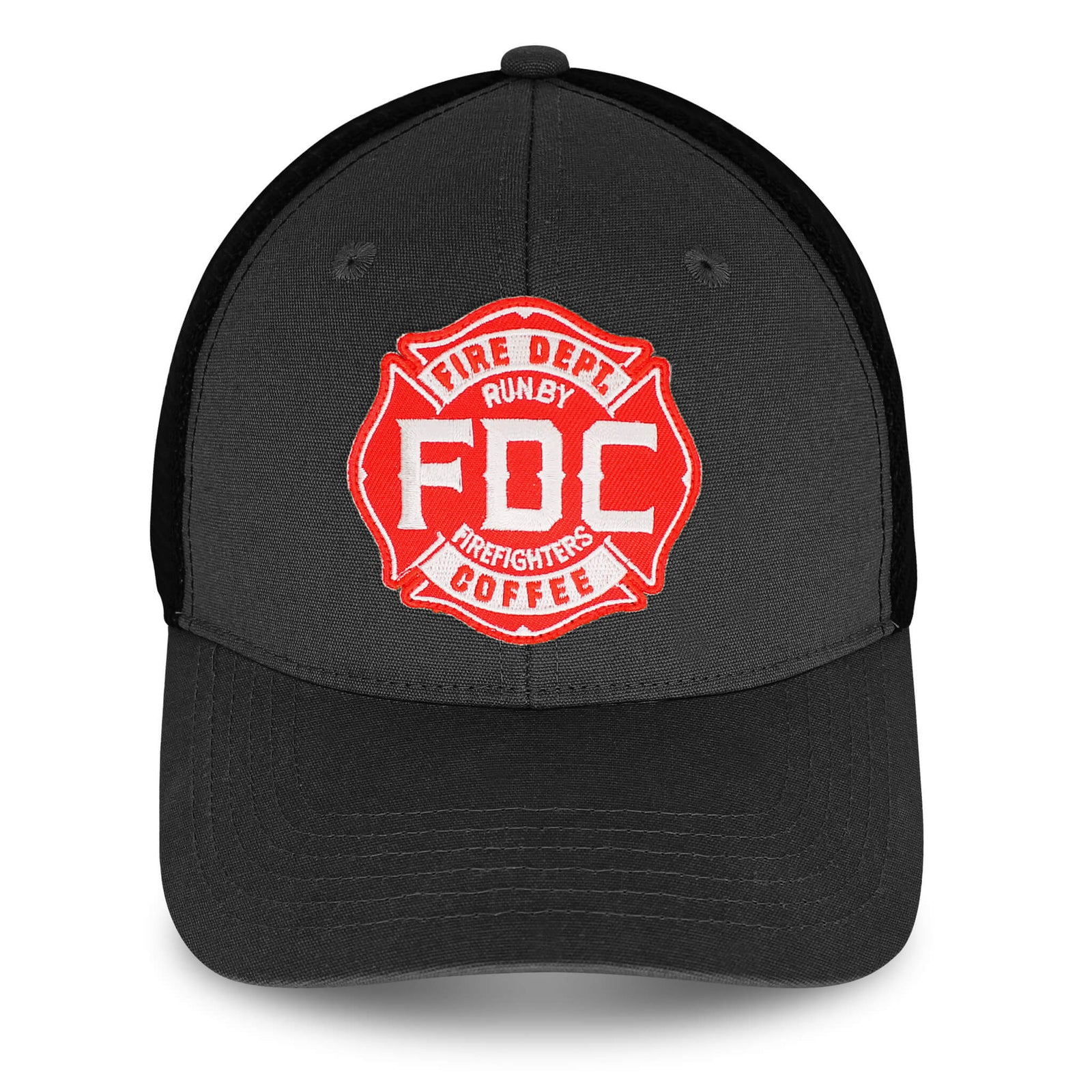 Side view of the front of the FDC black mesh hat with the FDC maltese cross logo on the front