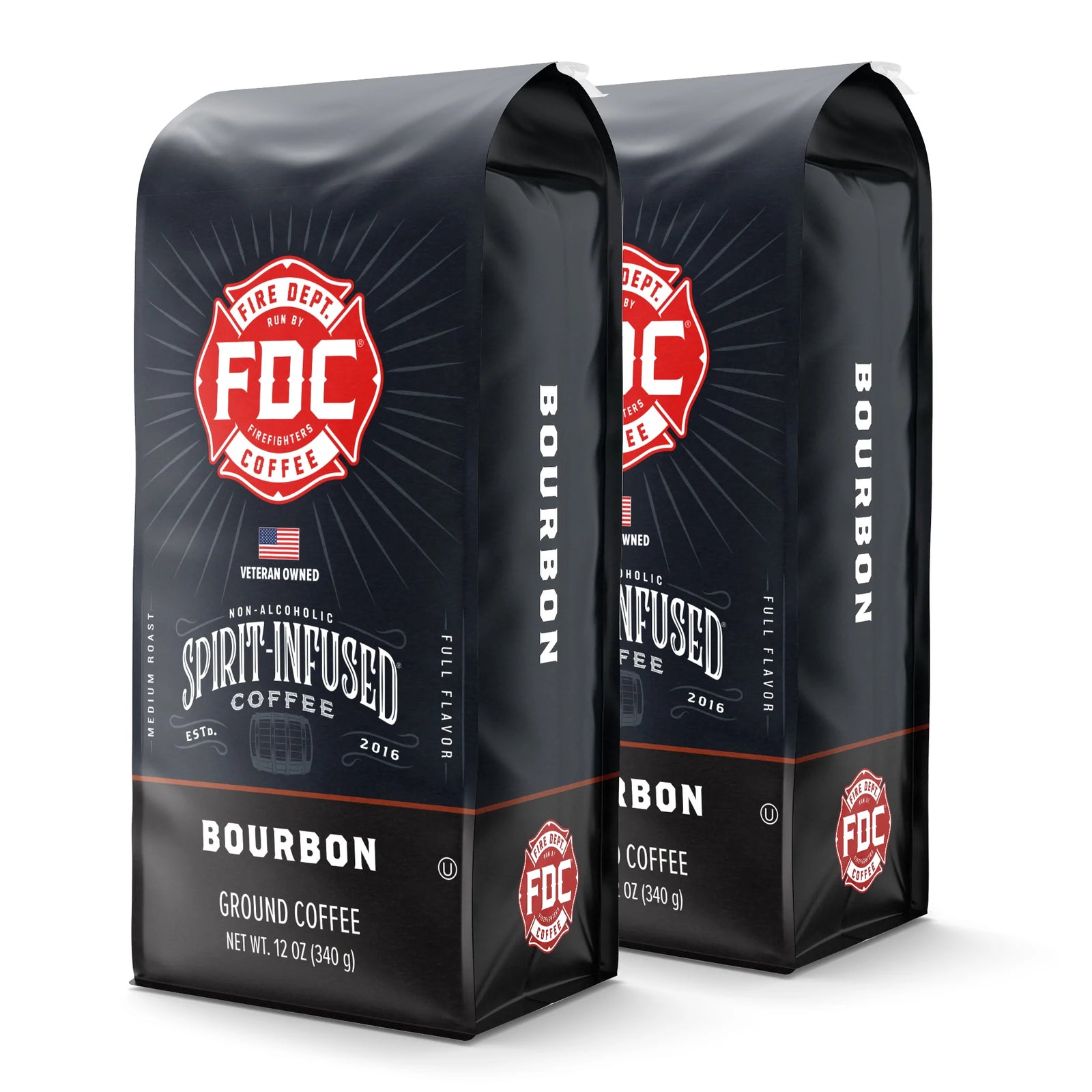 Fire Dept. Coffee's 12 ounce Bourbon Infused Coffee in a rectangular package.