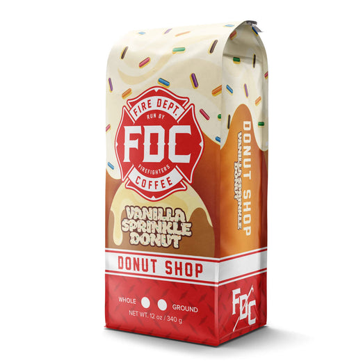 Fire Dept. Coffee’s 12 ounce Vanilla Sprinkle Donut Shop Coffee in a rectangular package