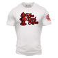 A white t shirt with the Fire Dept. Coffee fire hydrant logo on the chest with the red FDC maltese cross logo on the sleeve.