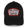 Front view of black hat with black mesh back and a Fire Department Coffee keystone patch on the front