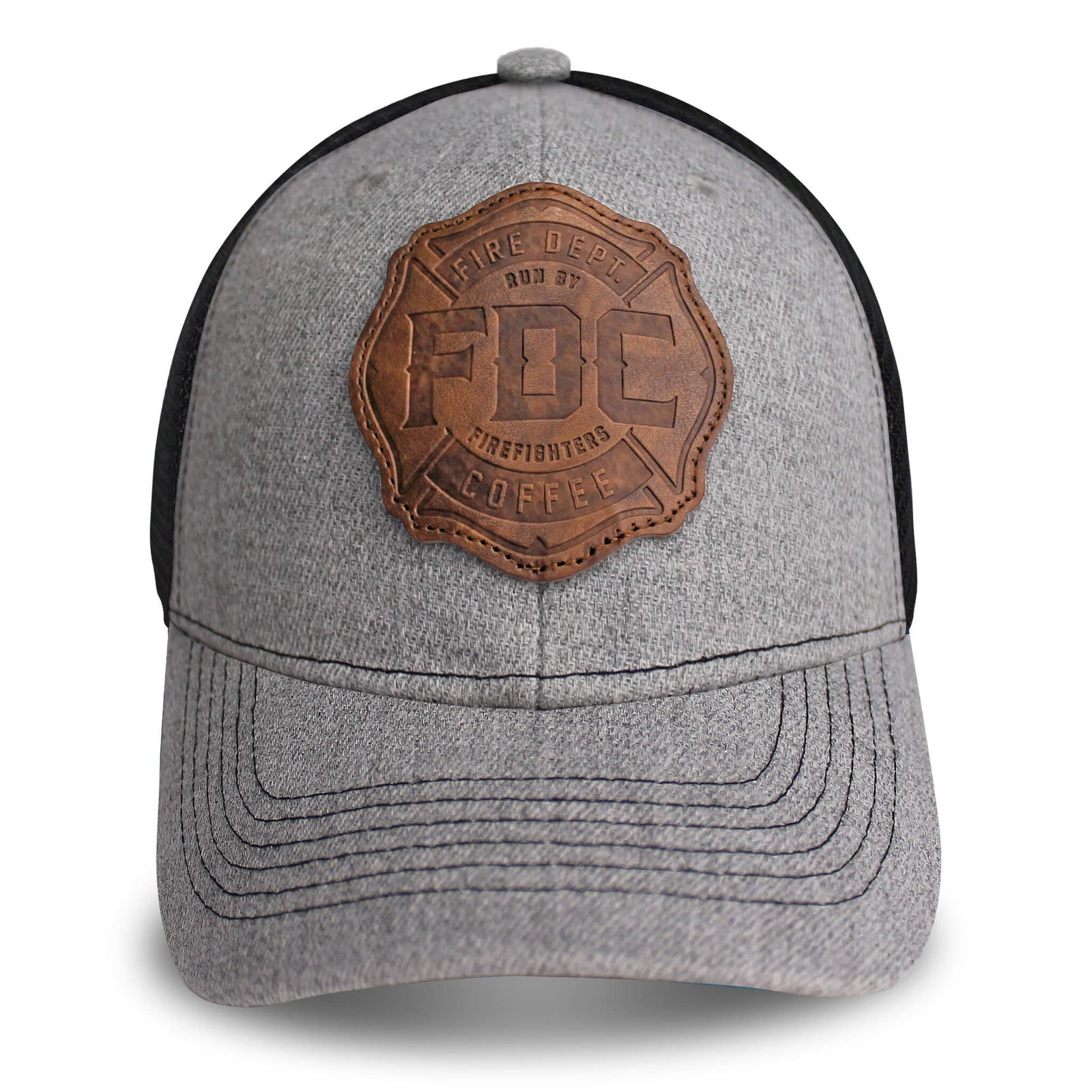 Front/side angle view of grey hat with black mesh back and a leather patch on the front of the FDC maltese cross logo