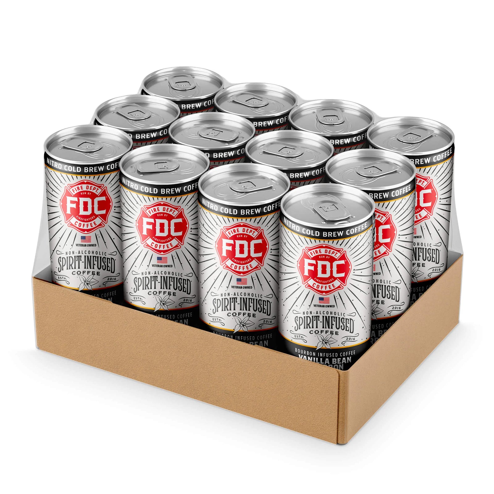 Single can of Nitro Vanilla Bean Bourbon Coffee. Sold in cases of 12 or 24 cans from Fire Department Coffee. 