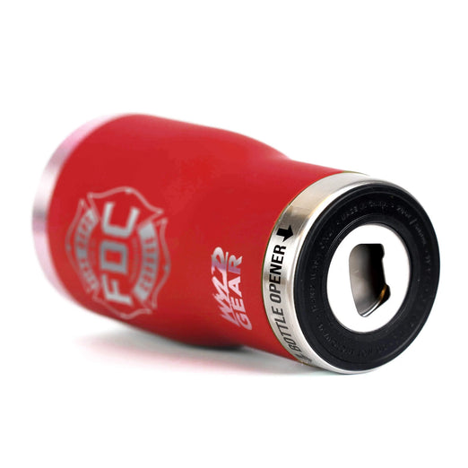 20 ounce red tumbler, bottom view of the mug showing the bottle opener.