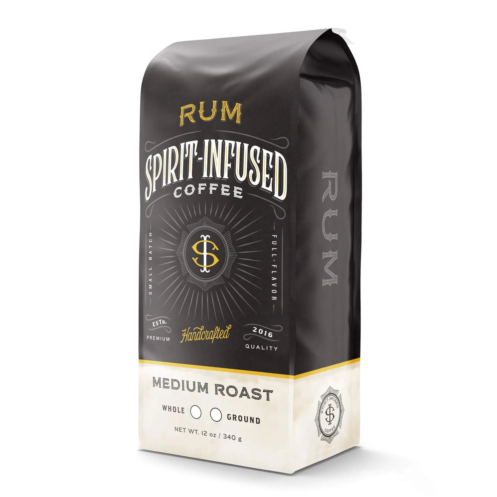 Fire Dept. Coffee's 12 ounce Rum Infused Coffee in a rectangular package. 