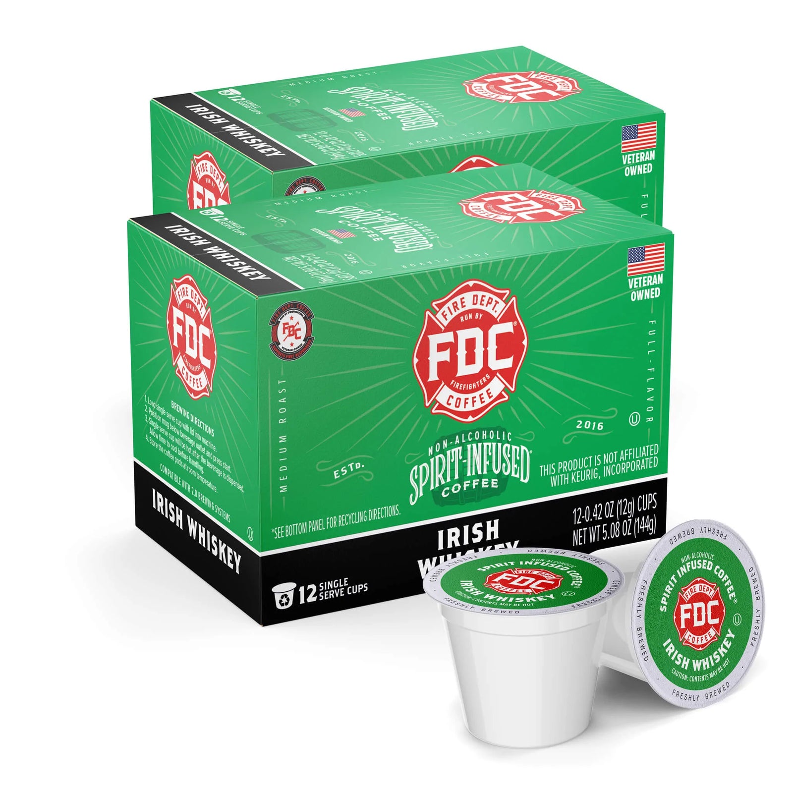 12 count box of Fire Department Coffee's Irish Whiskey Infused Coffee Pods