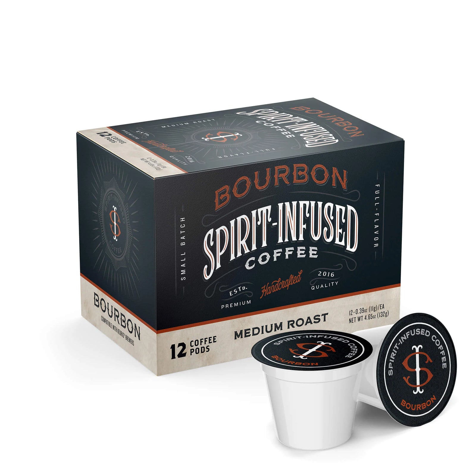 A 12 count box of Fire Department Coffee's Bourbon Infused Coffee Pods