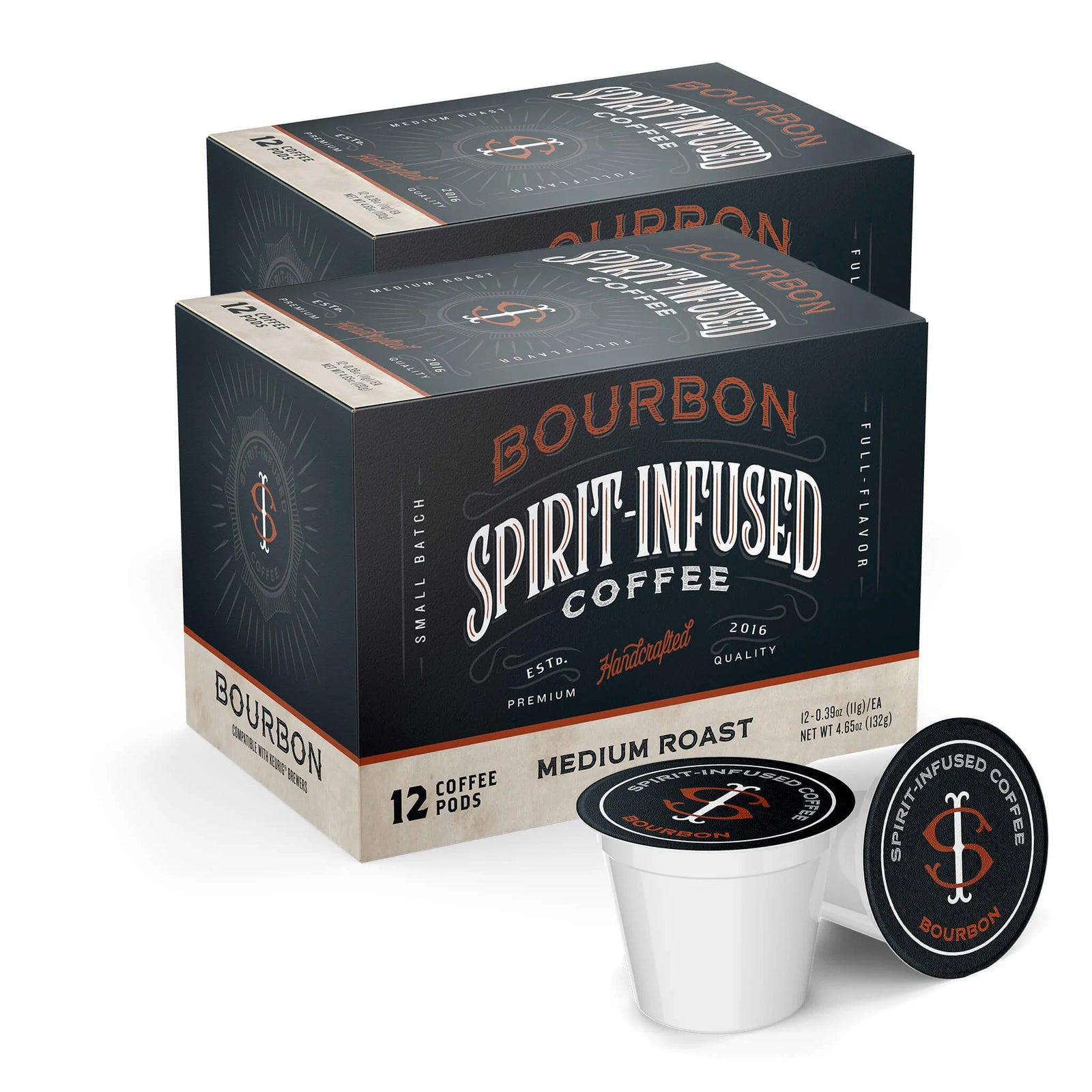 A 12 count box of Fire Department Coffee's Bourbon Infused Coffee Pods