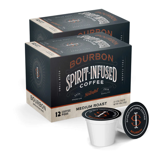 2 12-pack boxes of Fire Department Coffee’s Bourbon Spirit-Infused Coffee Pods.