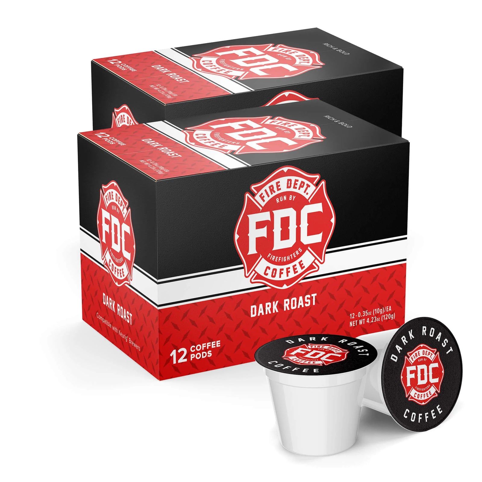 A 12 count box of Fire Department Coffee's Dark Roast Coffee Pods