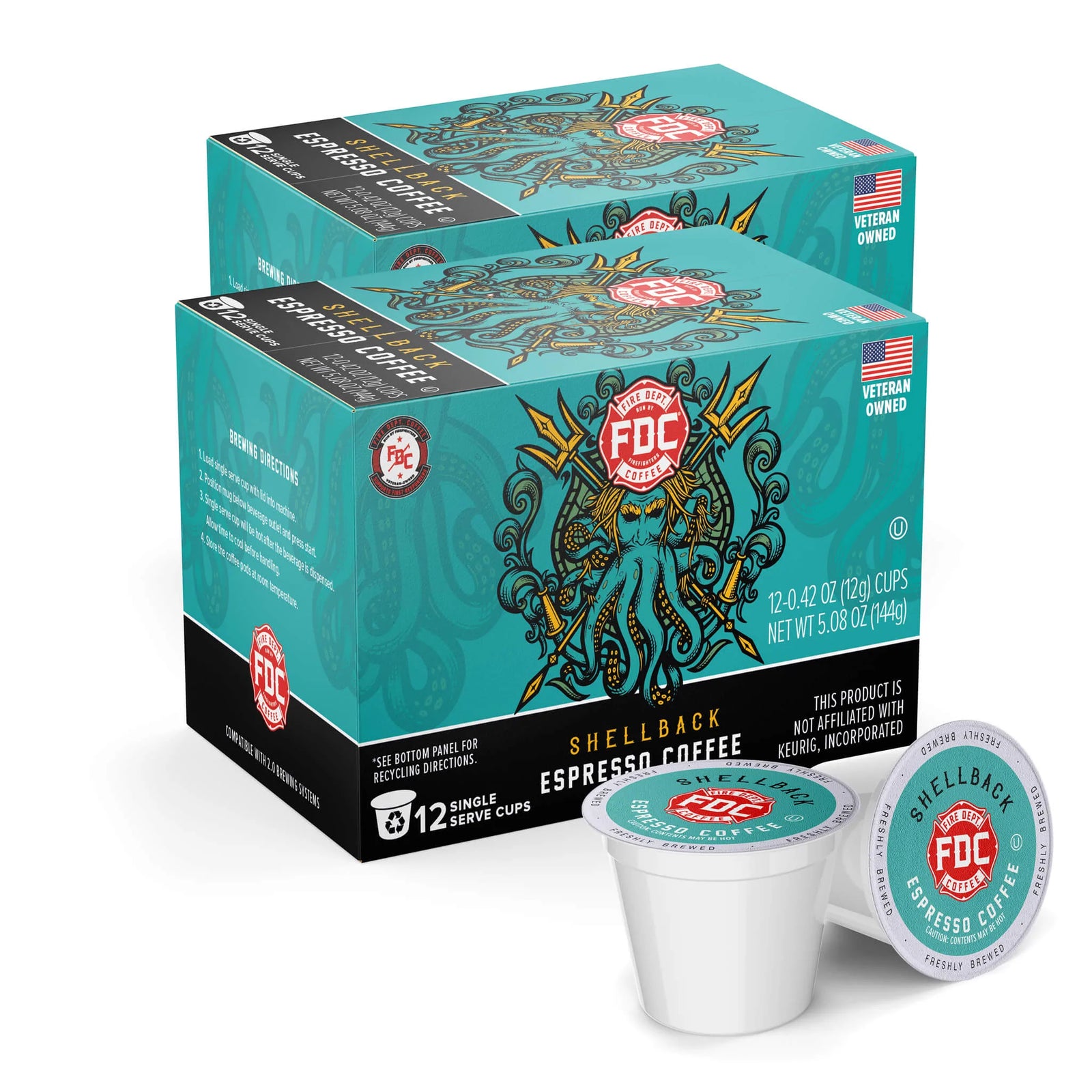 A 12 count box of Fire Department Coffee's Shellback Espresso Coffee Pods
