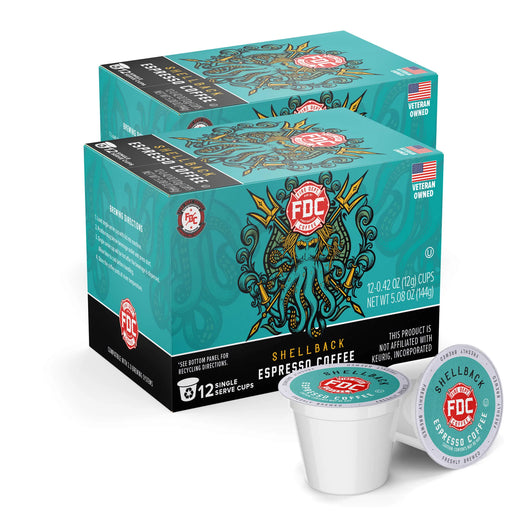 Two 12 count boxes of Fire Department Coffee’s Shellback Espresso Coffee Pods