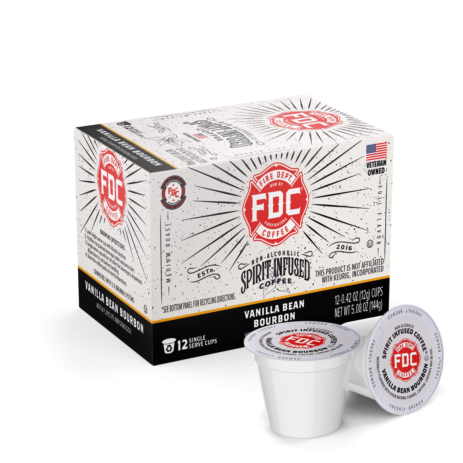 A 12 count box of Fire Department Coffee's Vanilla Bean Bourbon Infused Coffee Pods