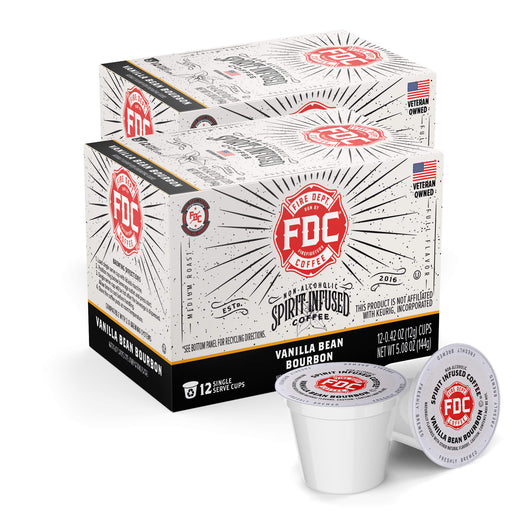 Two 12 count boxes of Fire Department Coffee’s Vanilla Bean Bourbon Infused Coffee Pods 