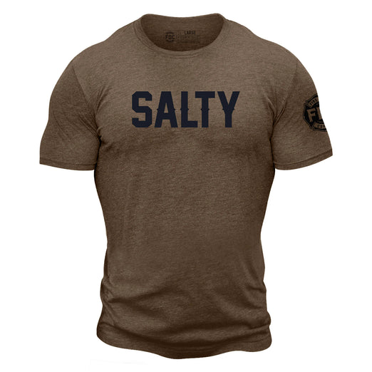 A heathered, espresso color t shirt with the text ”Salty” across the chest in large, black letters. The black FDC maltese cross is on the sleeve.