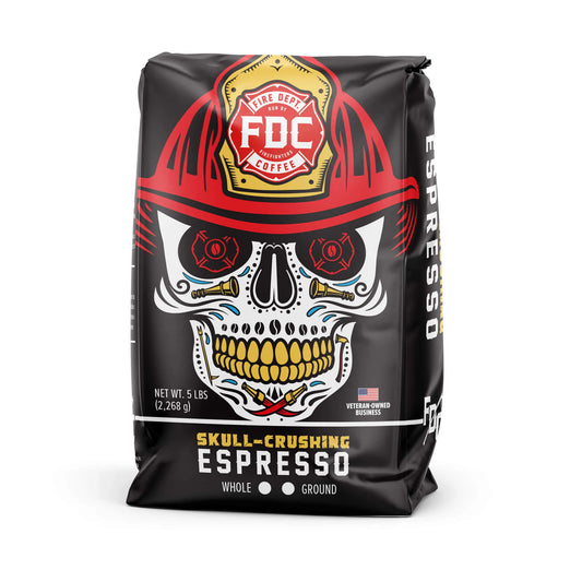 A 5 pound package of Fire Department Coffee’s Skull-Crushing Espresso Roast.