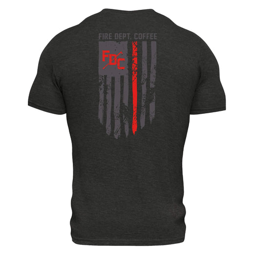 The back of a black t shirt with the thin red line going down the back. FDC pike pole logo is in the top right corner of the flag in red and text ”fire dept. coffee” is above the flag.