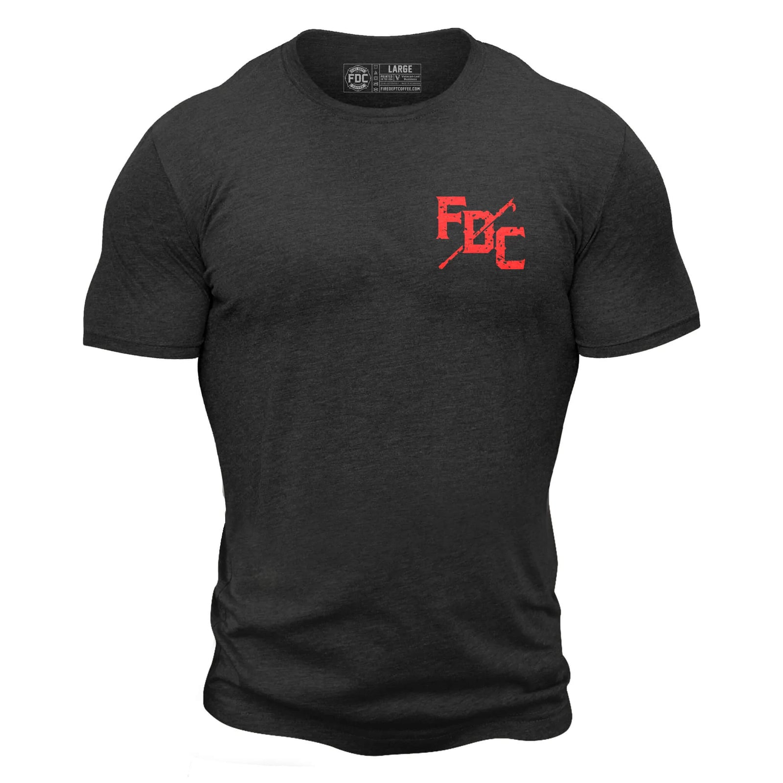 The back of a black t shirt with the thin red line going down the back. FDC pike pole logo is in the top right corner of the flag in red and text "fire dept. coffee" is above the flag.