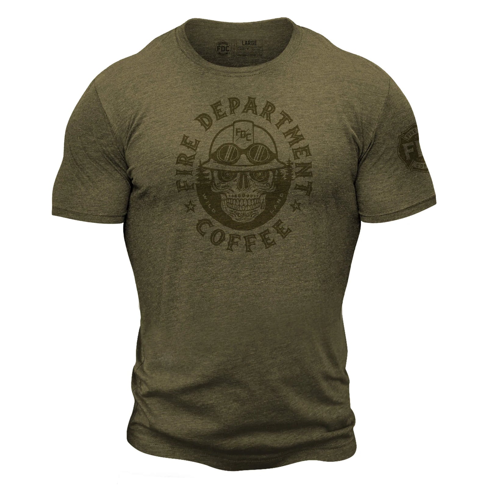 Green shirt with a skull wearing an FDC helmet. Around the skull is the text "Fire Department Coffee". There is an FDC maltese cross logo on the sleeve.