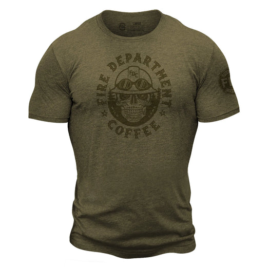 Green shirt with a skull wearing an FDC helmet. Around the skull is the text ”Fire Department Coffee”. There is an FDC maltese cross logo on the sleeve.