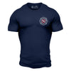 A navy blue shirt with the Fire Department Coffee Maltese Cross on the front