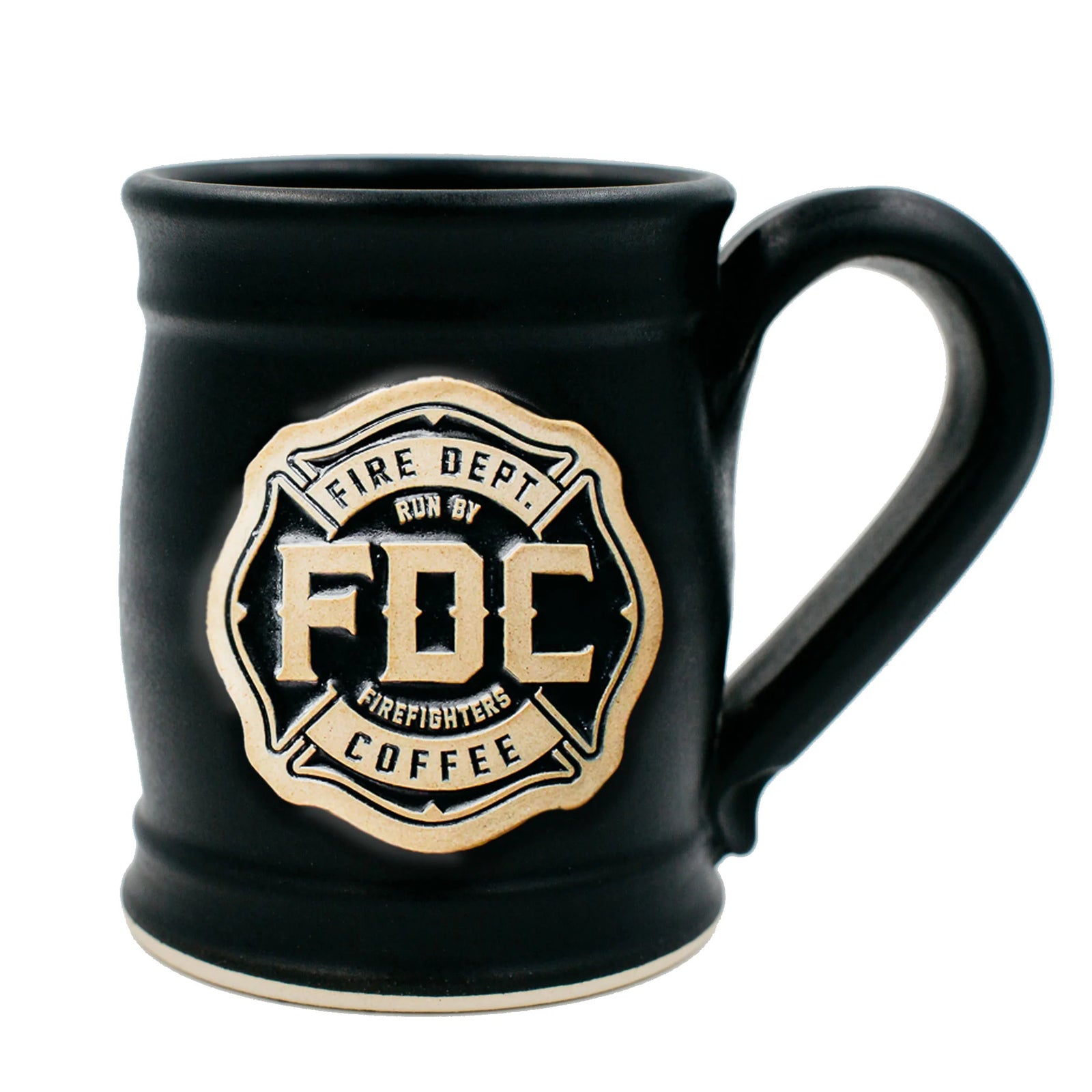 Fire Department Coffee's Black Station Pottery Mug which features FDC's maltese cross logo in white. 