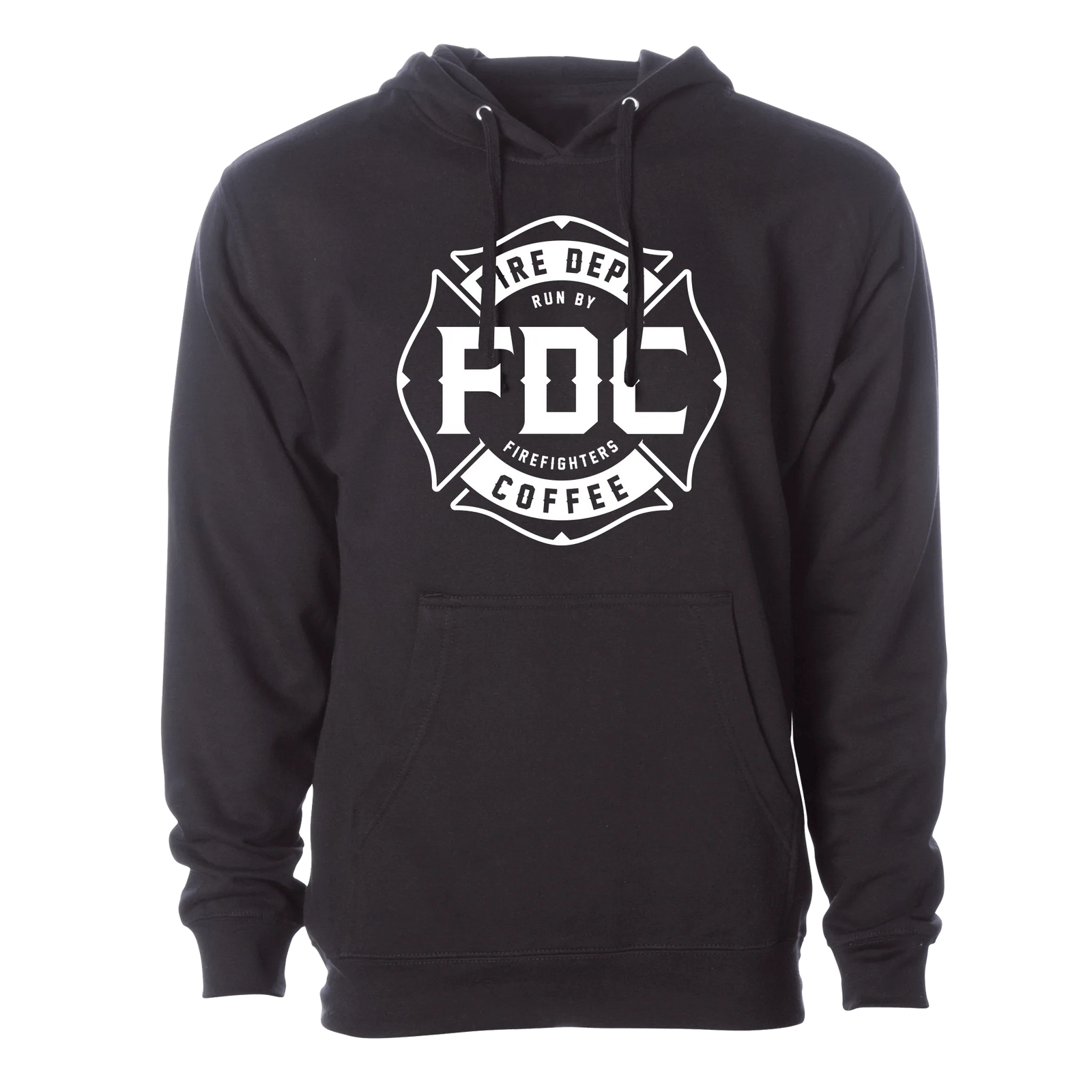 A black Fire Department Coffee Hoodie, featuring FDC's maltese cross logo in white.