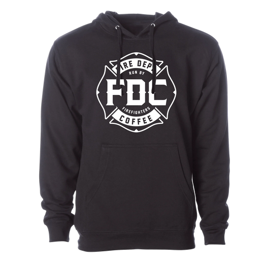 A black Fire Department Coffee Hoodie, featuring FDC’s maltese cross logo in white.
