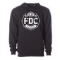 A black Fire Department Coffee Hoodie, featuring FDC’s maltese cross logo in white.