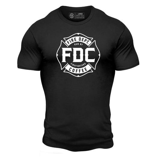 A black Fire Department Coffee T Shirt, featuring FDC’s maltese cross logo in white.
