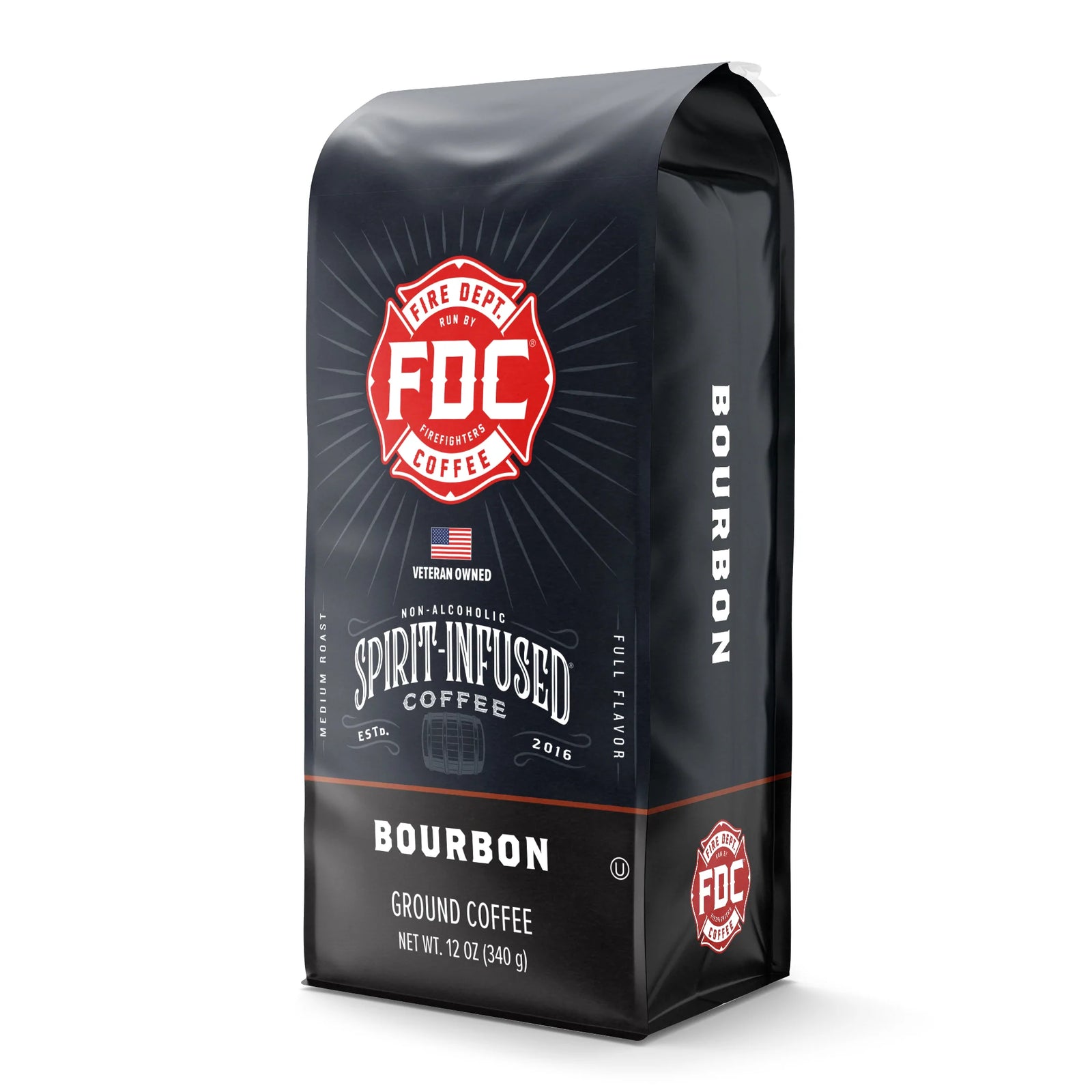Fire Dept. Coffee's 12 ounce Bourbon Infused Coffee in a rectangular package.
