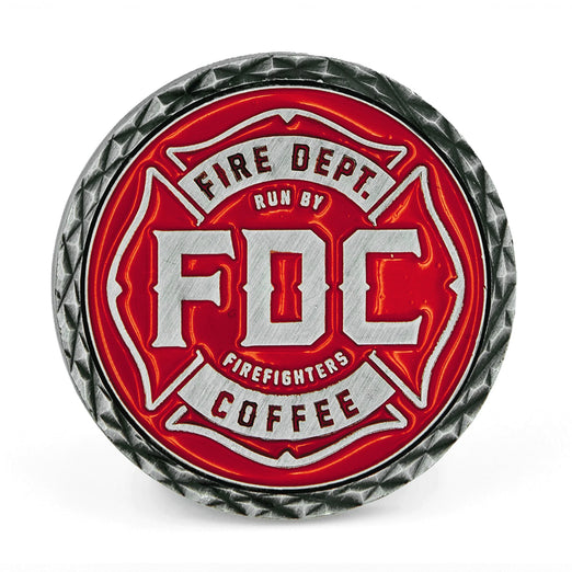 A red coin featuring Fire Department Coffee’s maltese cross logo.