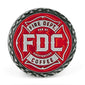 A red coin featuring Fire Department Coffee’s maltese cross logo.