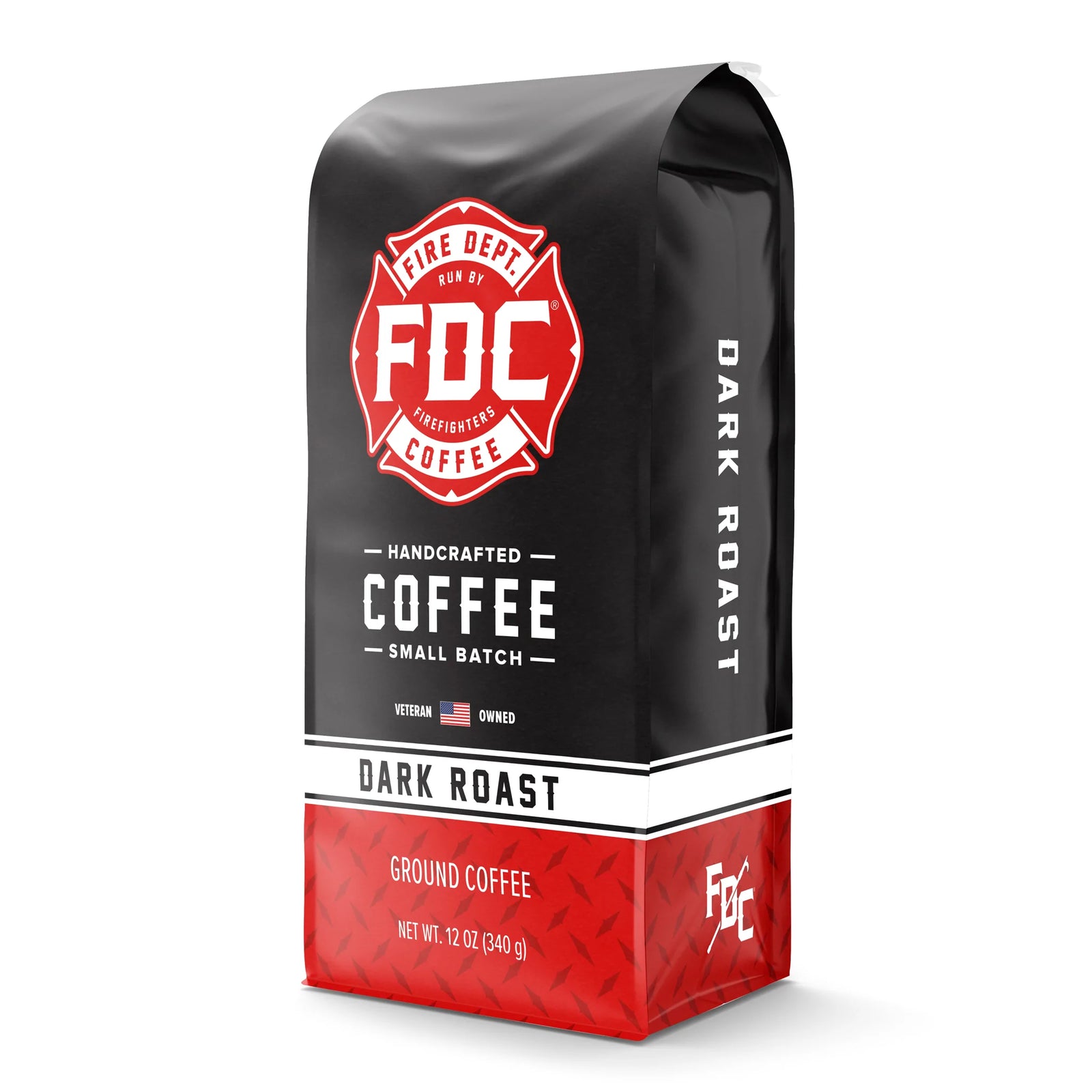 A 12 ounce package of Fire Department Coffee's Dark Roast.