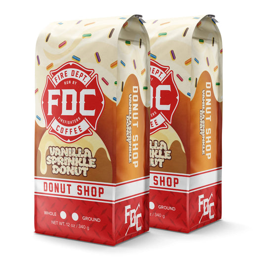 A pair of Fire Dept. Coffee 12 ounce Vanilla Sprinkle Donut Shop Coffee packages.