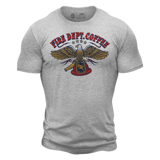 The front side of a light grey t shirt. On the chest of the t shirt is an eagle holding an FDC fire helmet. Above the eagle is text that reads ”Fire Dept. Coffee”