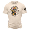 A tan t-shirt on a masculine figure with an image of a female firefighter and text around her that reads "putting out fires for over 200 years". FDC maltese cross logo is on one sleeve in black.