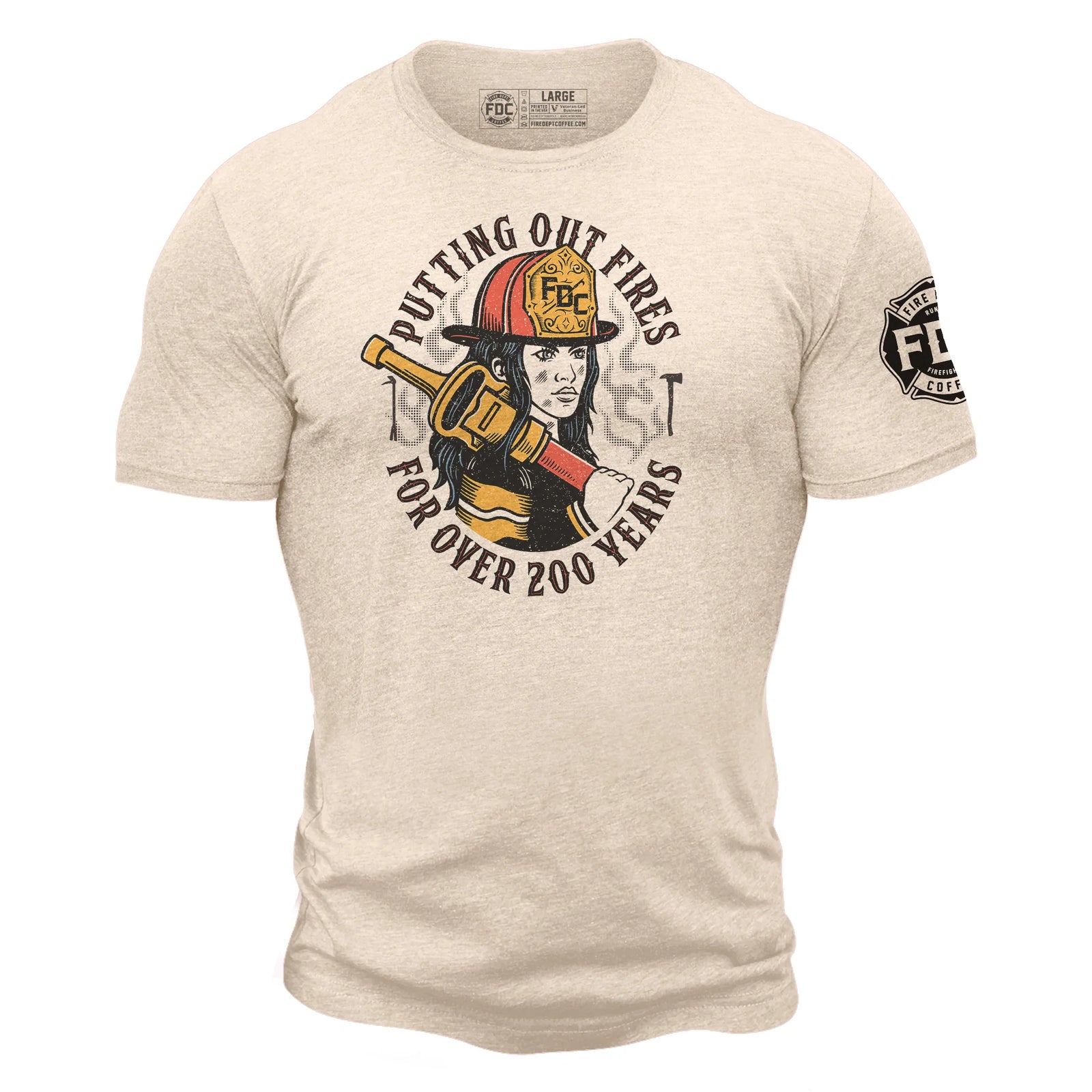 Image of a cream colored shirt with a graphic of a female firefighter on the front of the shirt.