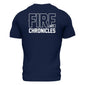 Back of navy shirt with large Fire Dept. Chronicles logo in white.