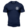 Front of navy shirt with Fire Department Coffee Chronicles logo on the chest in white