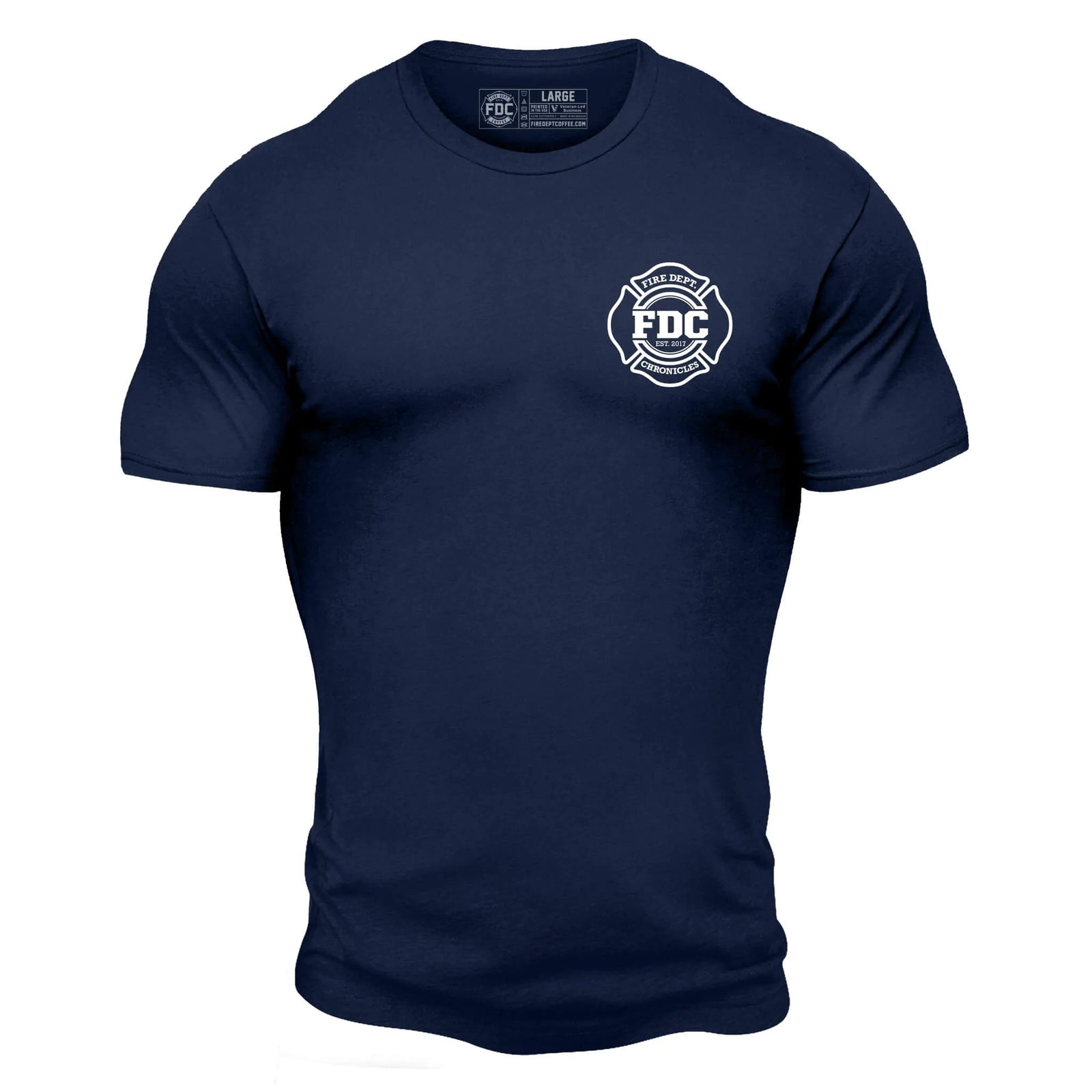 Back of navy shirt with large Fire Dept. Chronicles logo in white.