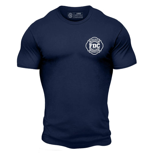 Front of navy shirt with Fire Department Coffee Chronicles logo on the chest in white