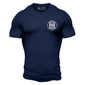 Front of navy shirt with Fire Department Coffee Chronicles logo on the chest in white