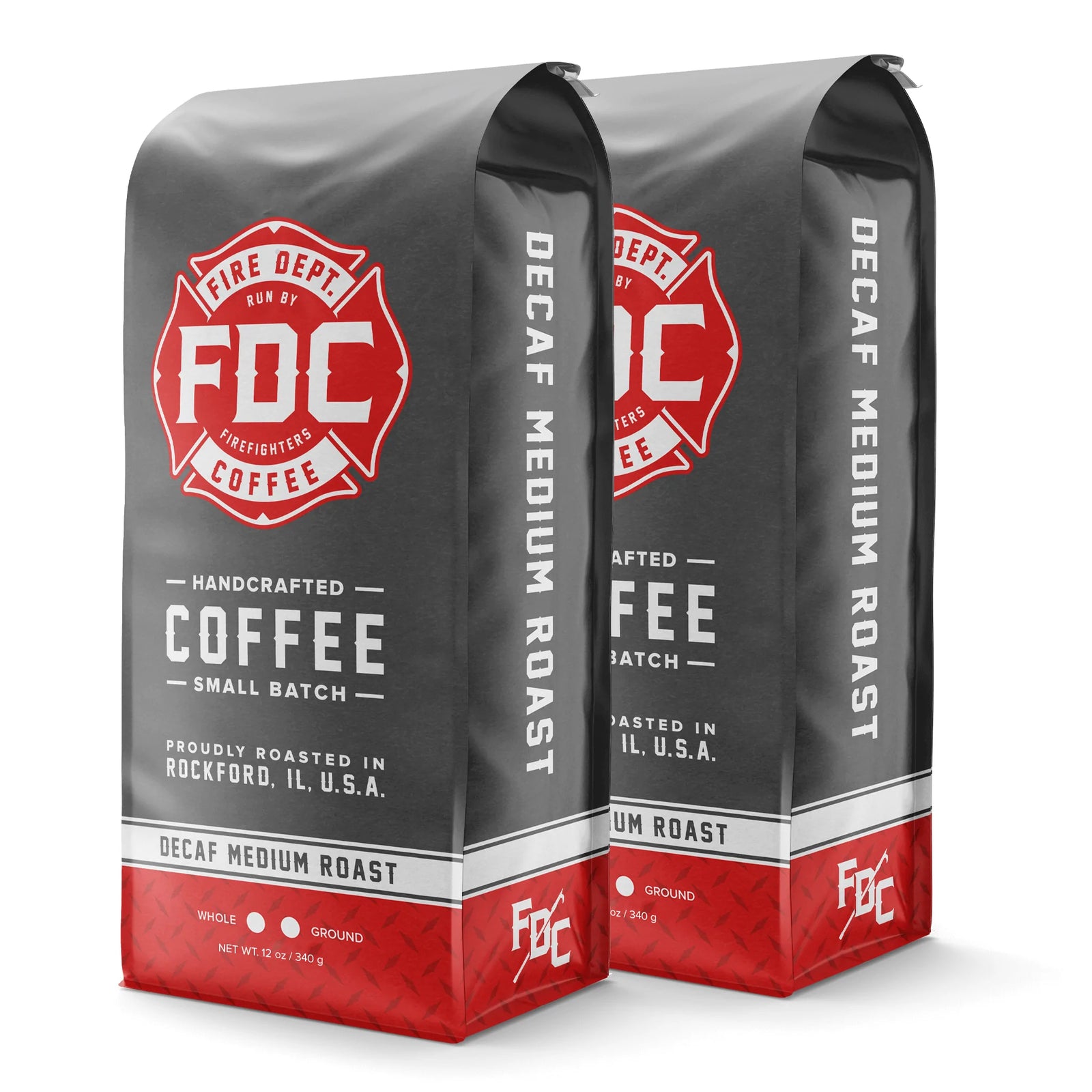 A 12 ounce package of Fire Department Coffee's Decaf Medium Roast.